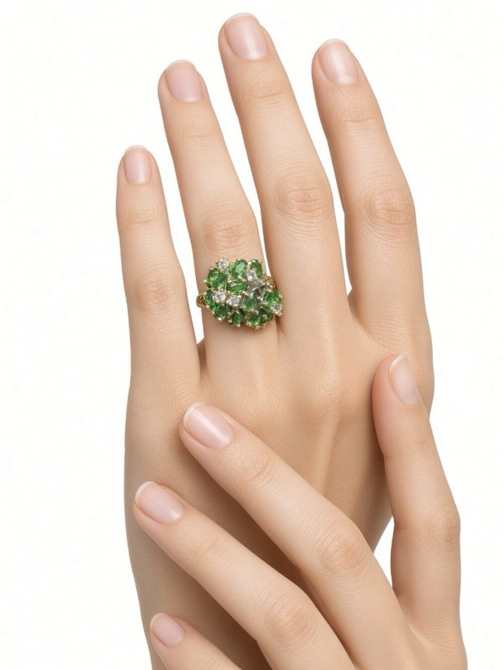 Gold Plated 925 Sterling Silver Green Cluster Cocktail Ring 7g Hallmark Tested
